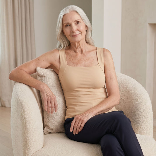 Woman wearing Velcy built-in bra comfort shaper tank top in beige